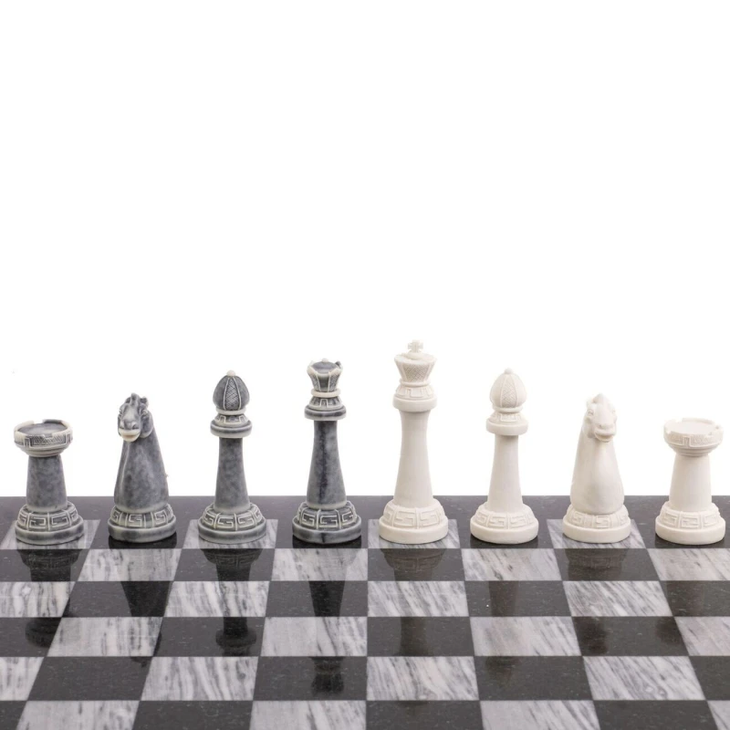 Шахматы "Стаунтон" из мрамолита 44х44 см серый мрамор / змеевик