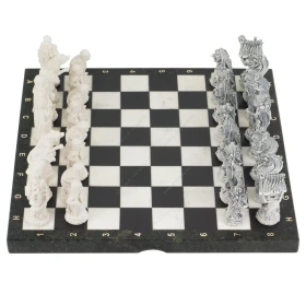 Шахматы Русские сказки змеевик фигуры литьевой мрамор 40х40 см
