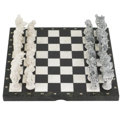 Шахматы Русские сказки змеевик фигуры литьевой мрамор 40х40 см