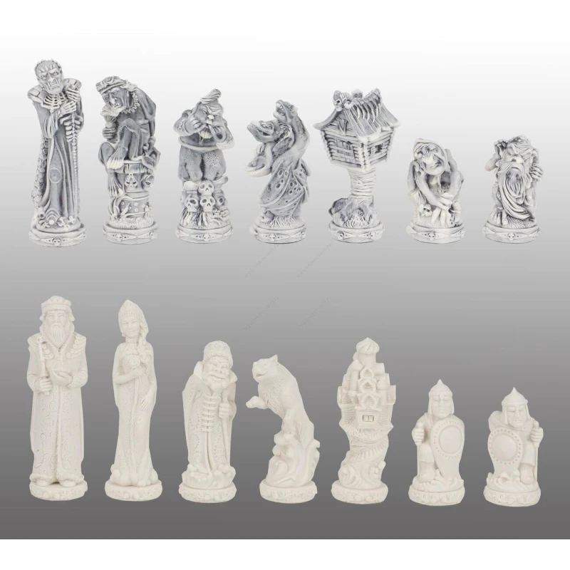 Шахматы Русские сказки змеевик фигуры литьевой мрамор 40х40 см