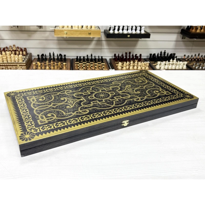 Нарды деревянные черно золотые Орнамент большие 60 см