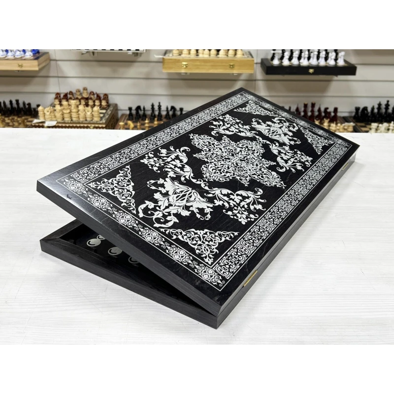 Нарды деревянные большие черно серебрянные Восточная звезда 60 см