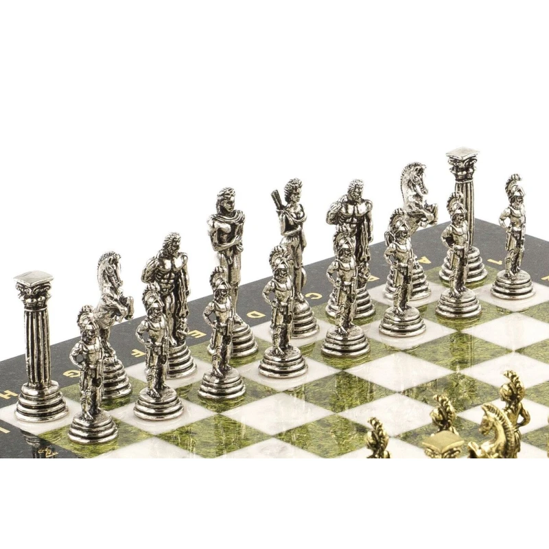 Шахматы подарочные из камня Греко Римская война 32 см мрамор змеевик