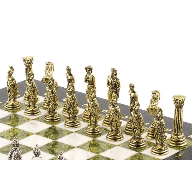 Шахматы подарочные из камня Греко Римская война 32 см мрамор змеевик