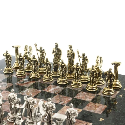 Шахматы каменные подарочные Подвиги Геракла 28 см змеевик креноид