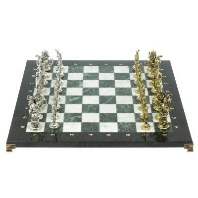 Шахматы "Рыцари крестоносцы" доска 44х44 см из мрамора и змеевика