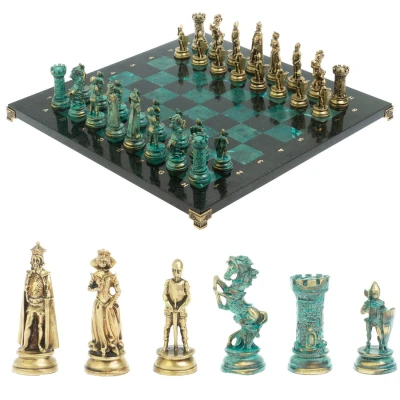 Шахматы "Средневековые рыцари" фигуры бронза / патина 44х44 см змеевик