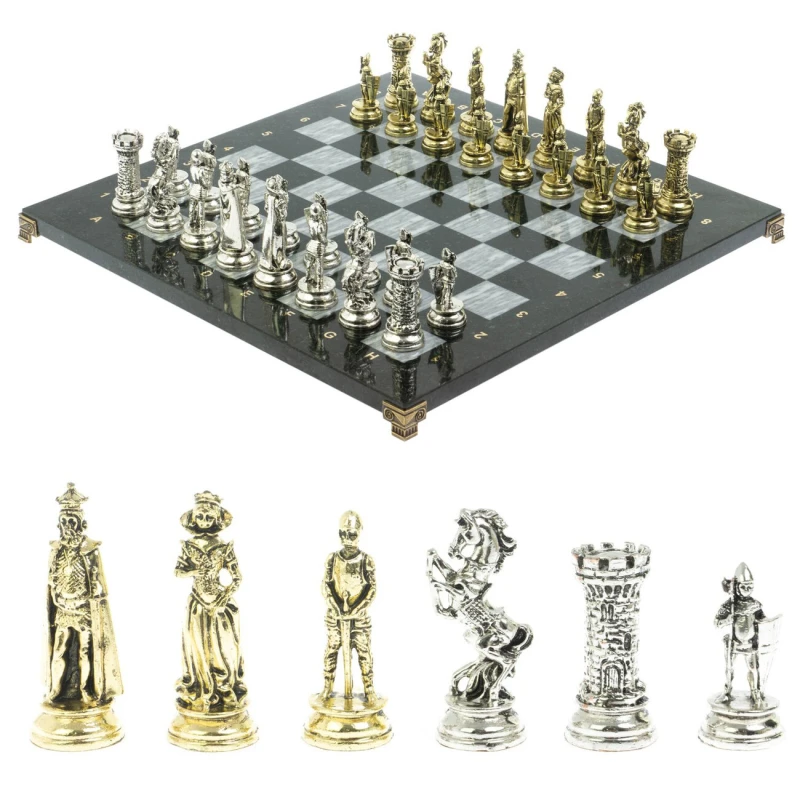 Шахматы подарочные "Средневековые рыцари" доска серый мрамор 44х44