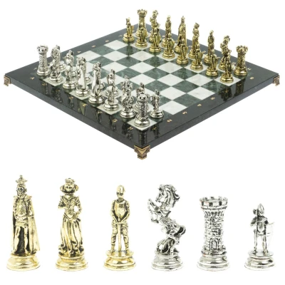 Шахматы "Средневековые рыцари" доска мрамор / змеевик 44х44