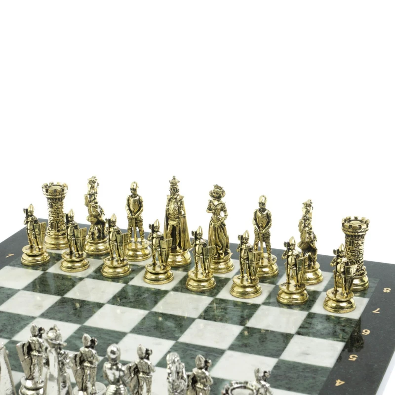 Шахматы "Средневековые рыцари" доска мрамор / змеевик 44х44