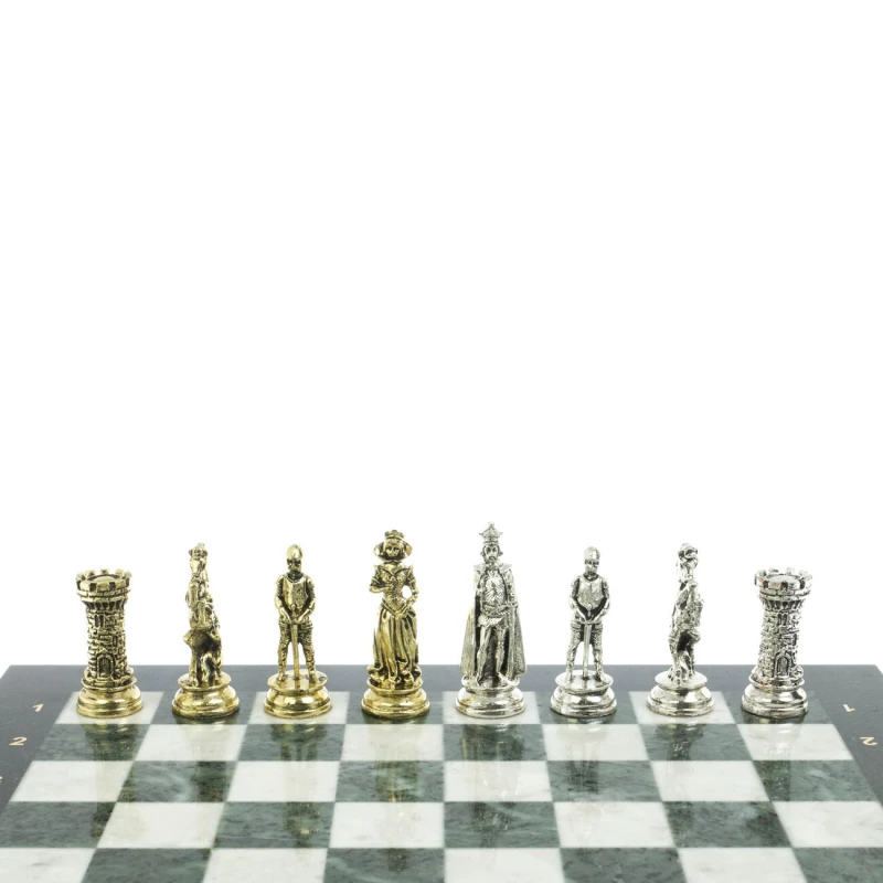 Шахматы "Средневековые рыцари" доска мрамор / змеевик 44х44