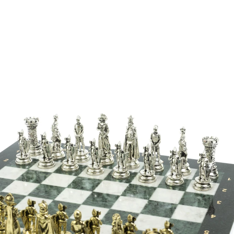 Шахматы "Средневековые рыцари" доска мрамор / змеевик 44х44