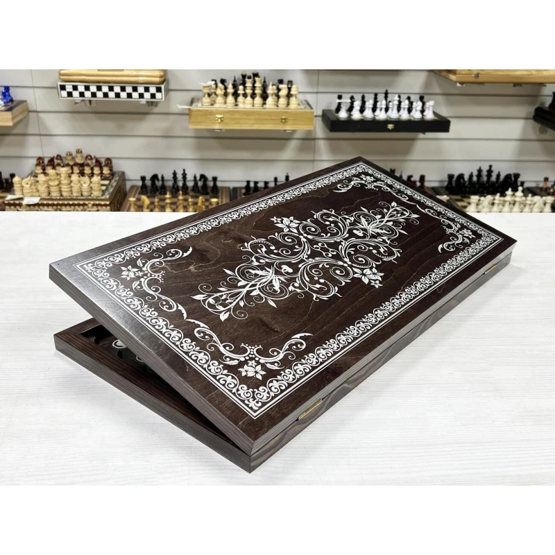 Нарды деревянные большие венге серебро Вьюн 60 см