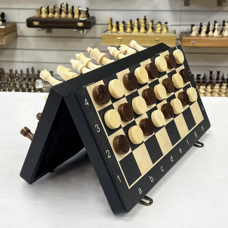 Шахматы шашки деревянные магнитные набор 2 в 1 ясень черные 39 см