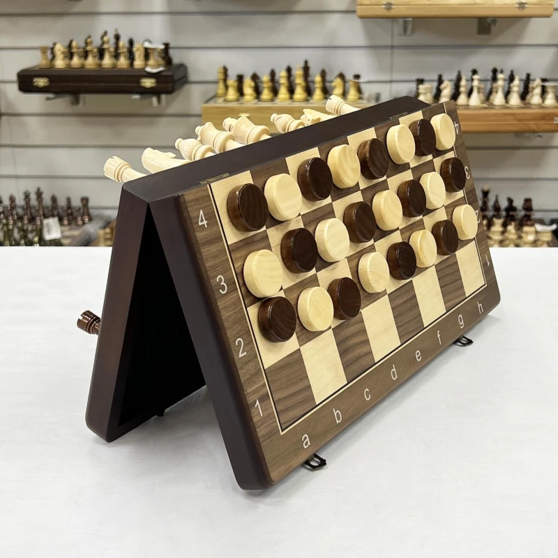 Шахматы шашки магнитные набор 2 в 1 орех 39 см