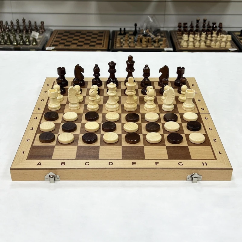 Шахматы + шашки магнитные интарсия светлые 39 см