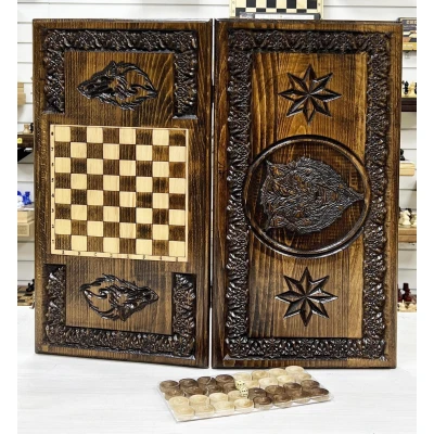 Нарды деревянные резные Волк со звездами 60 см, Artash