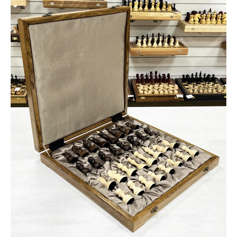 Шахматный ларец из дуба с фигурами Бастион из кавказского граба 40 см