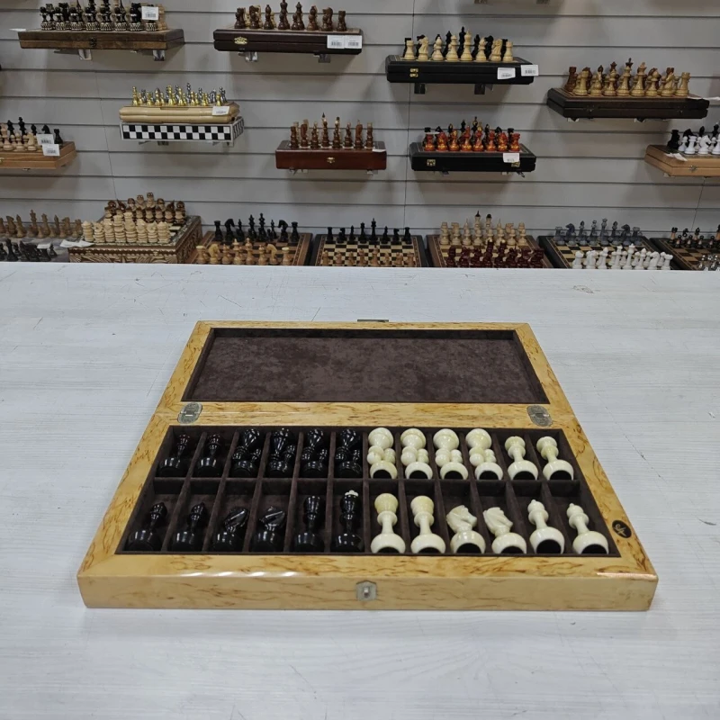 Шахматы подарочные эксклюзивные Флора карельская береза/янтарь малые , мастерская Емельянова