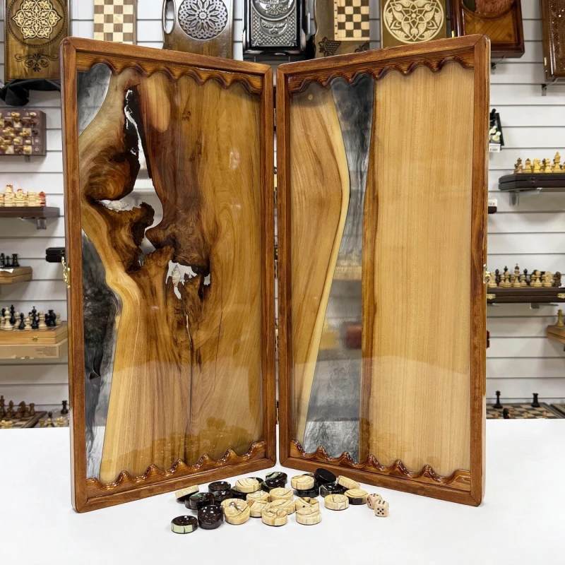 Нарды эксклюзивные подарочные из эпоксидной смолы и массива ореха, фишки из бивня мамонта