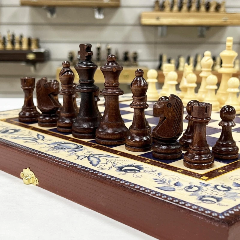 Набор 3 в 1 шахматы нарды шашки Гжель