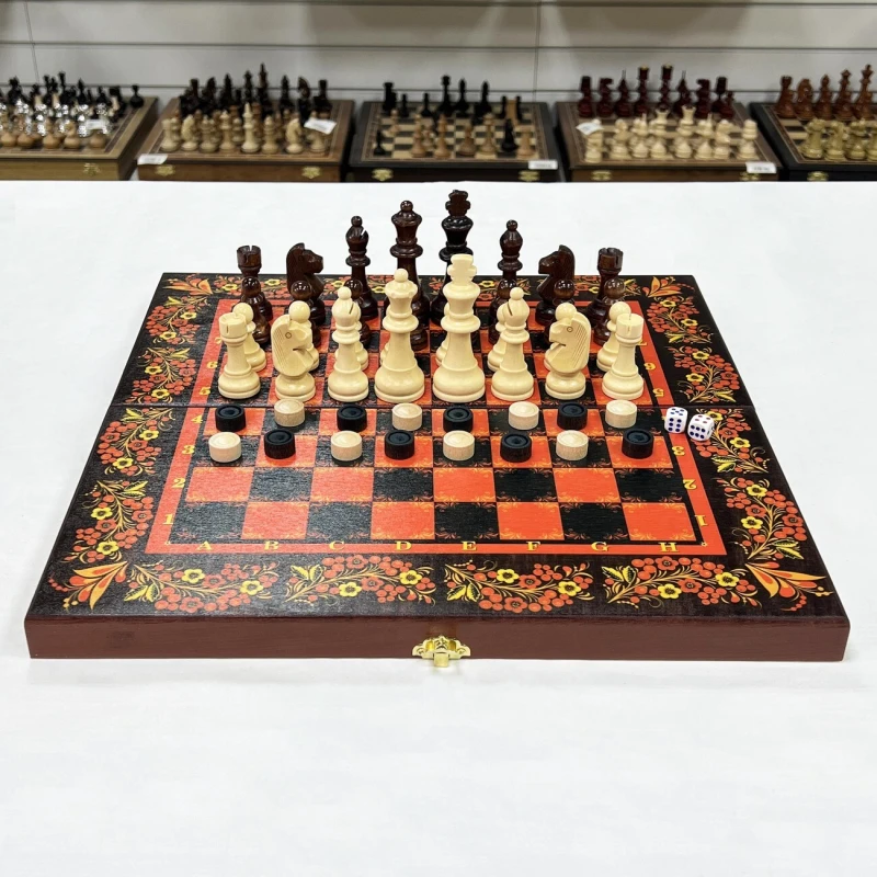 Набор 3 в 1 шахматы нарды шашки Хохлома