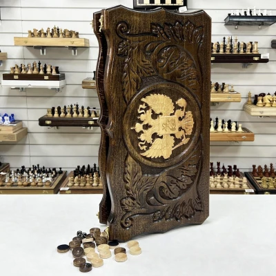 Нарды резные узорные из массива бука Герб светлый большие