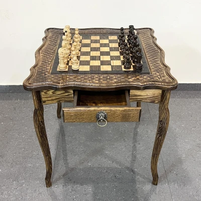 Шахматный стол резной из массива ясеня с фигурами из граба
