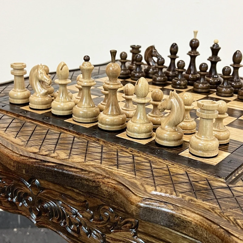 Шахматный стол резной из массива ясеня Премиальный люкс