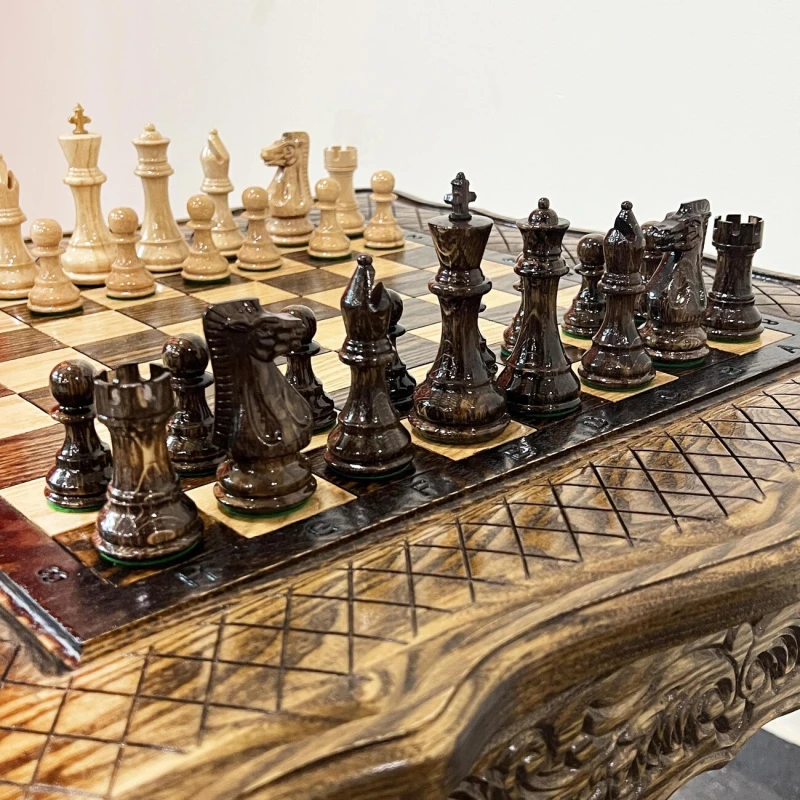 Шахматный стол резной из массива ясеня Суприм