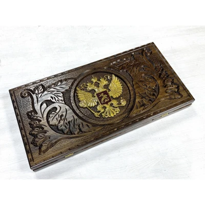 Нарды ручной работы из массива бука Герб РФ золотой 60 см