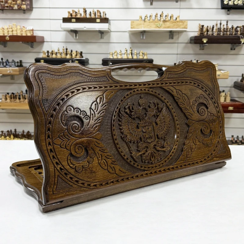 Нарды резные Герб РФ 2 с ручкой 60, Haleyan