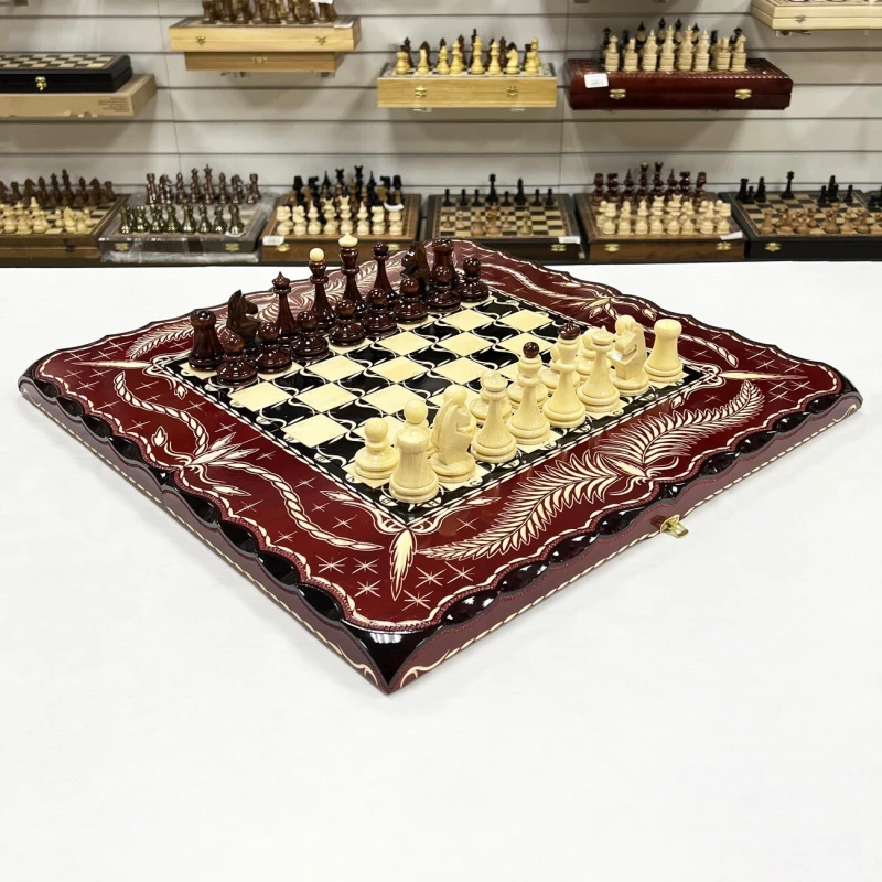 Набор 3 в 1 шахматы нарды шашки резные Красный дракон 60см