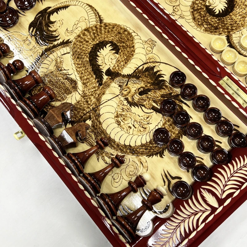 Набор 3 в 1 шахматы нарды шашки резные Красный дракон 60см