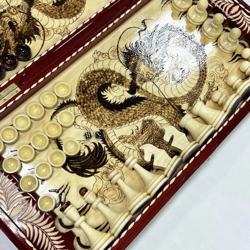 Набор 3 в 1 шахматы нарды шашки резные Красный дракон 60см