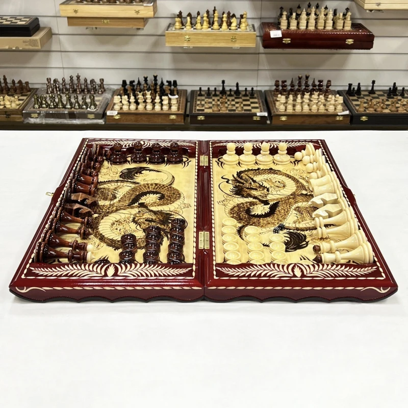Набор 3 в 1 шахматы нарды шашки резные Красный дракон 60см