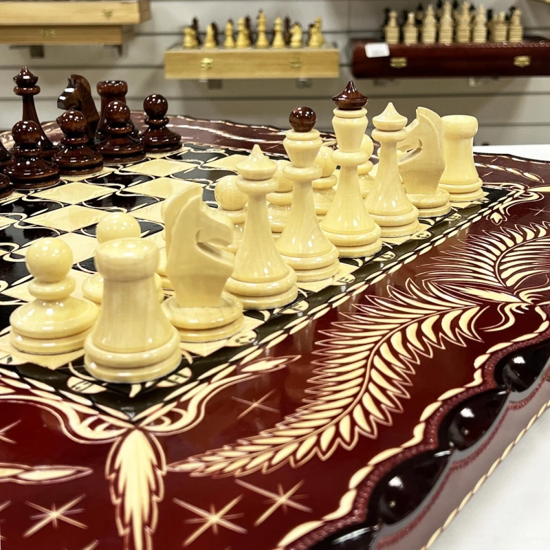 Набор 3 в 1 шахматы нарды шашки резные Красный дракон 60см