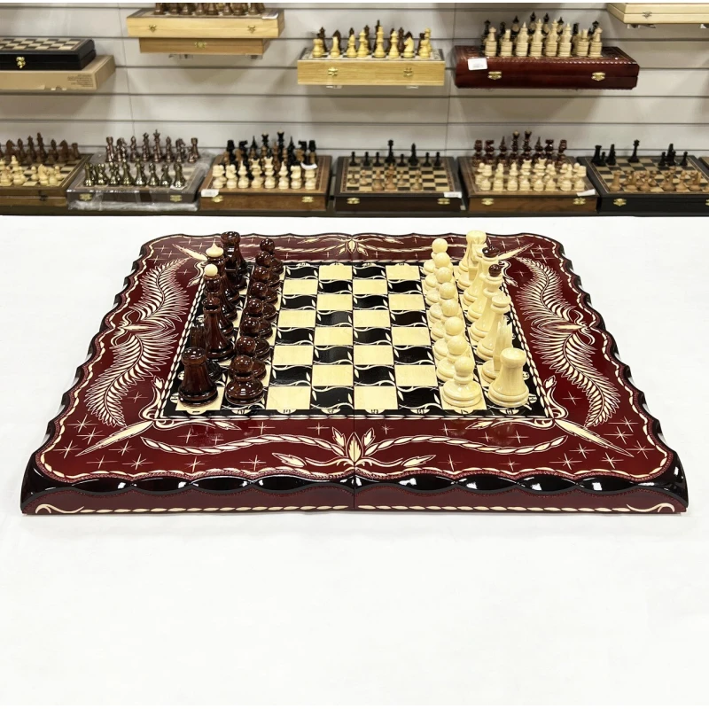 Набор 3 в 1 шахматы нарды шашки резные Красный дракон 60см