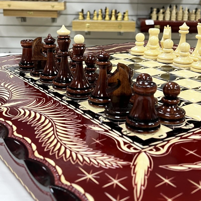 Набор 3 в 1 шахматы нарды шашки резные Красный дракон 60см
