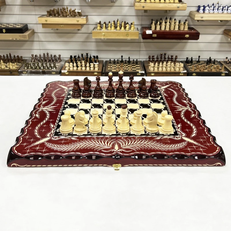 Набор 3 в 1 шахматы нарды шашки резные Красный дракон 60см