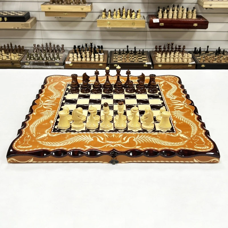 Набор 3 в 1 шахматы нарды шашки резные Оранжевый лев 60 см