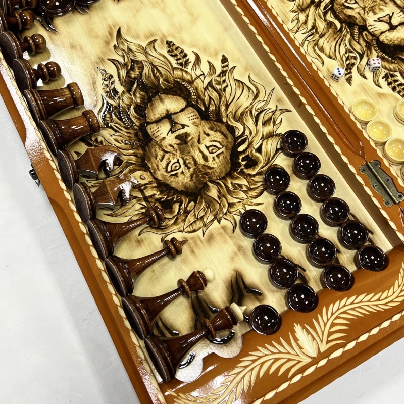 Набор 3 в 1 шахматы нарды шашки резные Оранжевый лев 60 см