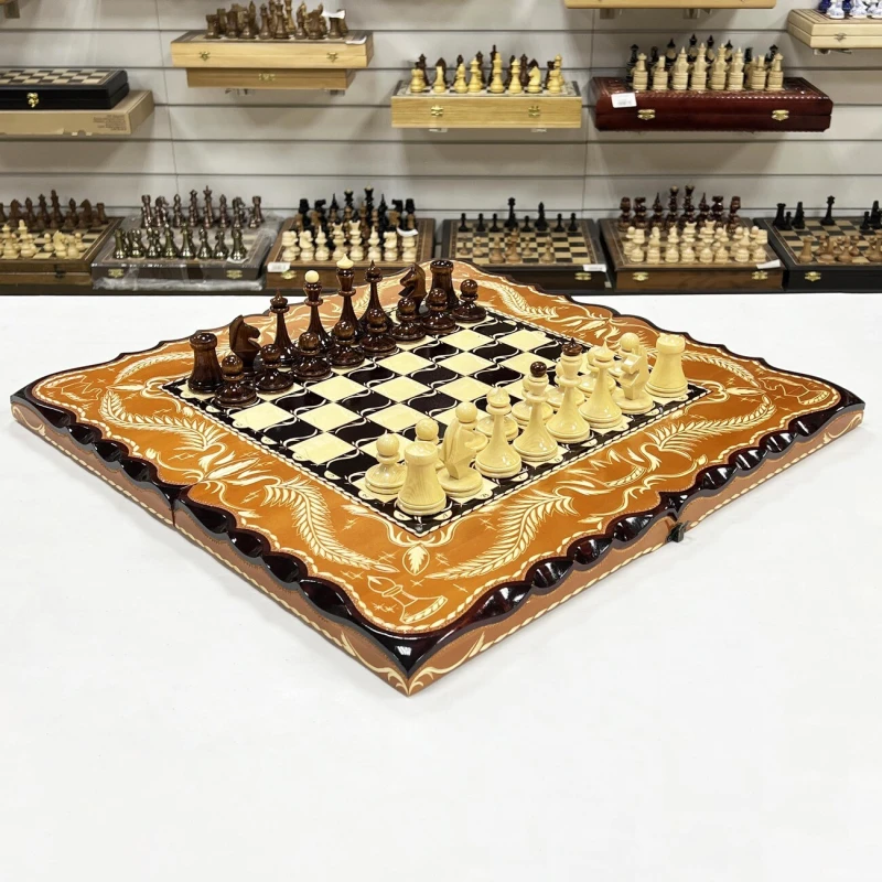 Набор 3 в 1 шахматы нарды шашки резные Оранжевый лев 60 см