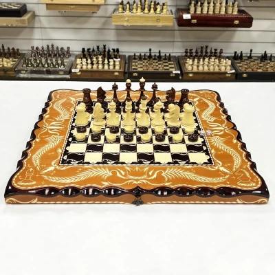 Набор 3 в 1 шахматы нарды шашки резные Оранжевый лев 60 см