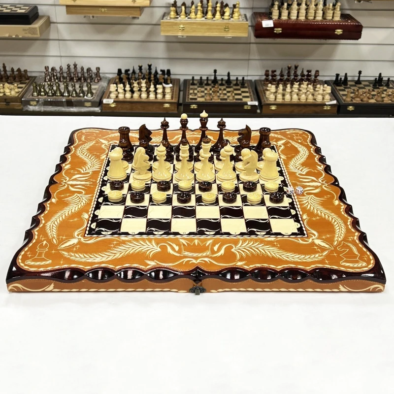 Набор 3 в 1 шахматы нарды шашки резные Оранжевый лев 60 см