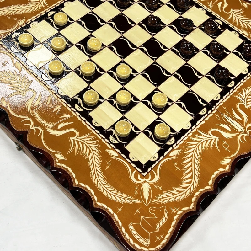 Набор 3 в 1 шахматы нарды шашки резные Оранжевый лев 60 см