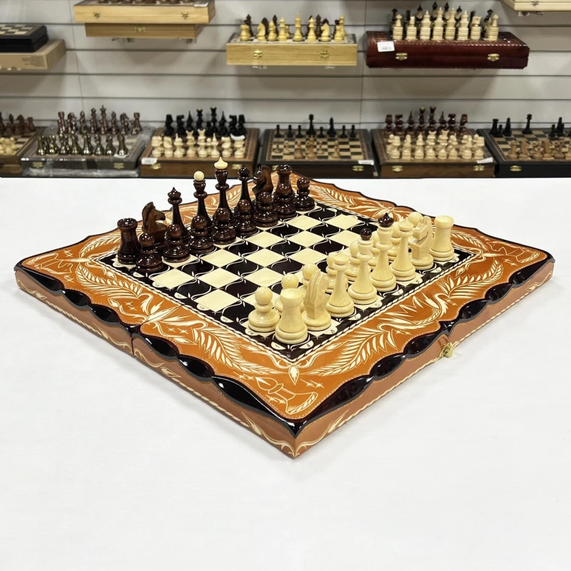 Набор 3 в 1 шахматы нарды шашки резной Герб оранжевый 50 см