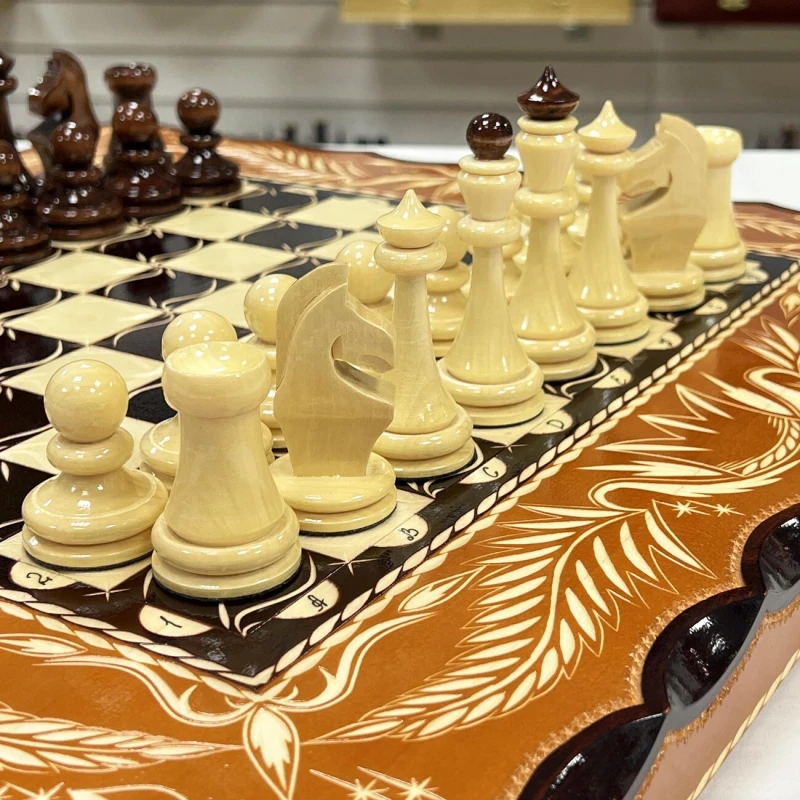 Набор 3 в 1 шахматы нарды шашки резной Герб оранжевый 50 см