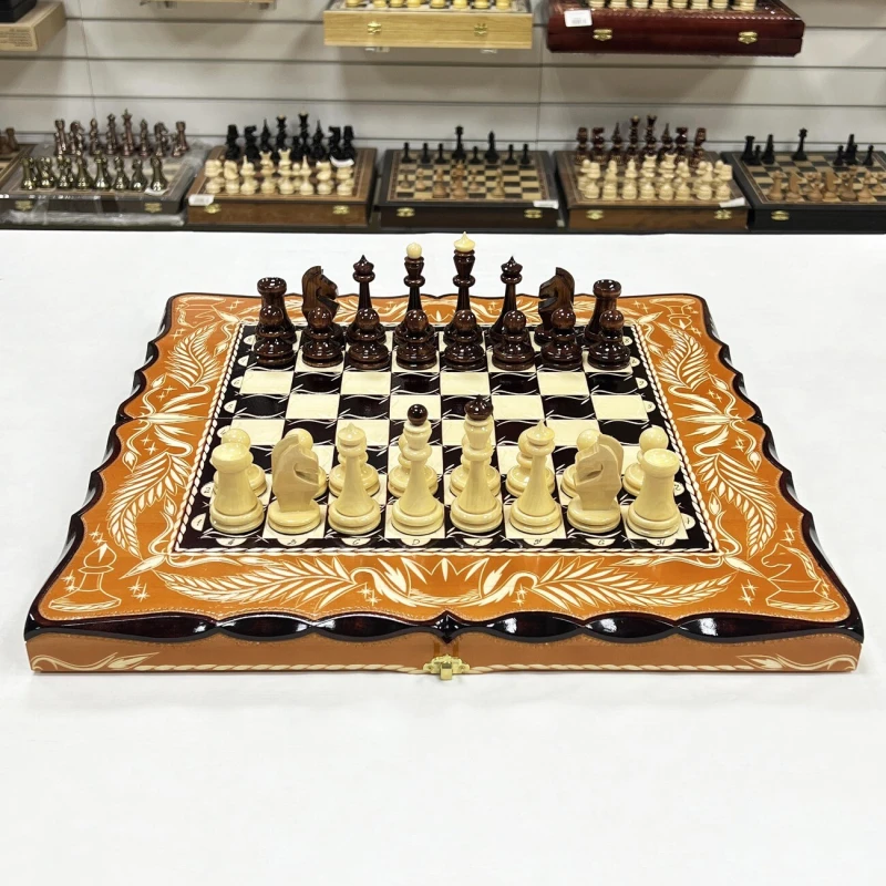 Набор 3 в 1 шахматы нарды шашки резной Герб оранжевый 50 см