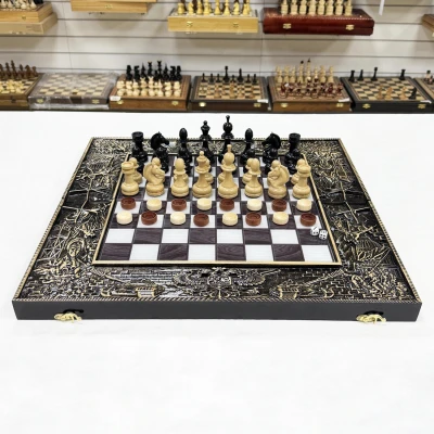 Набор 3 в 1 шахматы нарды шашки Победа деревянные со стеклян